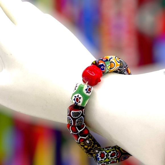 Vintage Jewelry - Colorful Antique Millefiori Trade Beads With Buddha Bead Bracelet